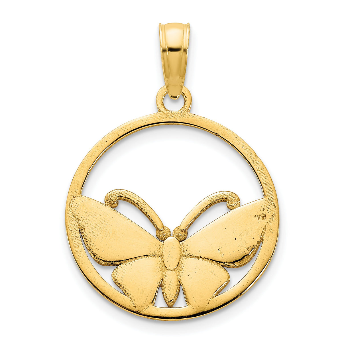 14k Yellow Gold Butterfly Pendant with Pink Enamel Wings in Circular Frame