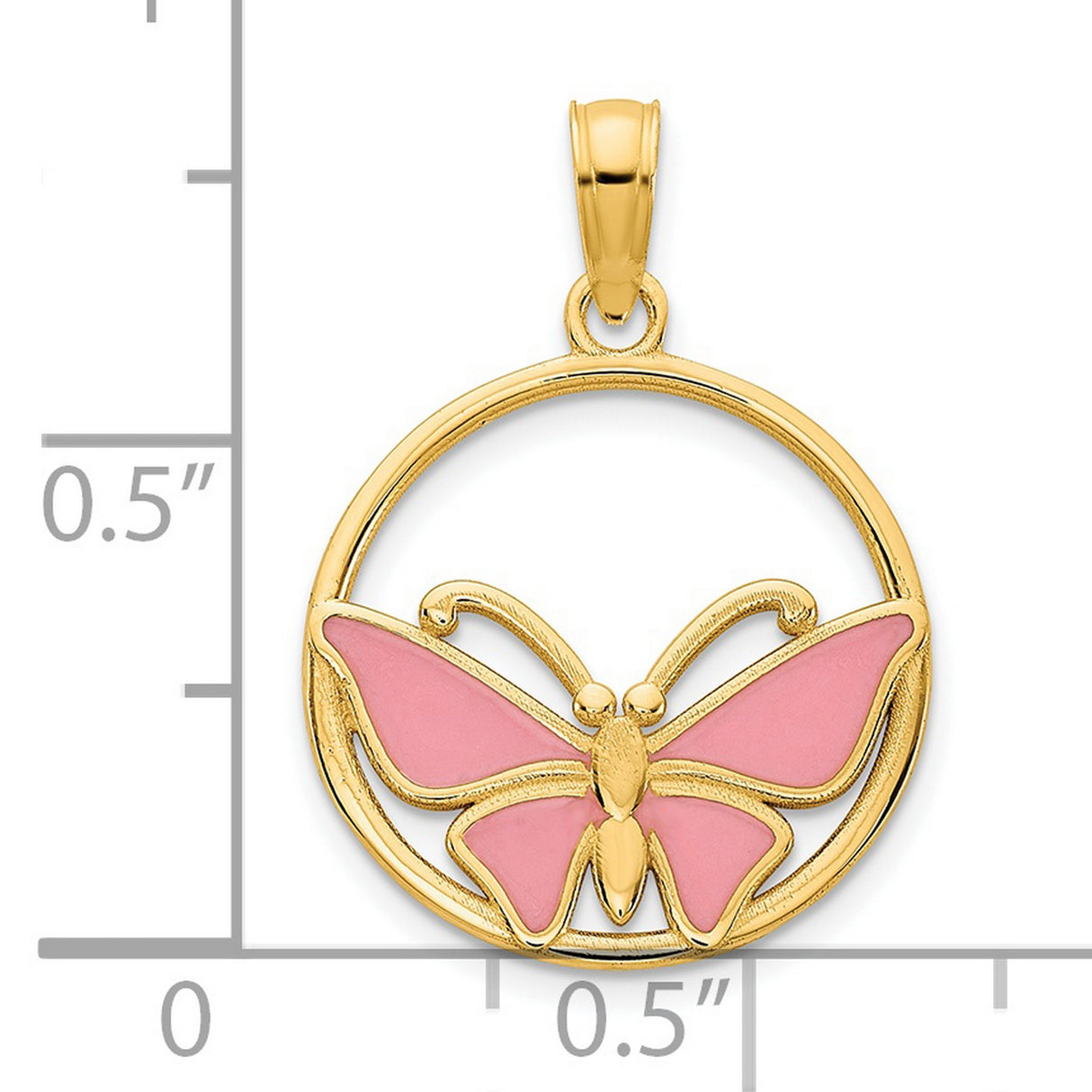 14k Yellow Gold Butterfly Pendant with Pink Enamel Wings in Circular Frame