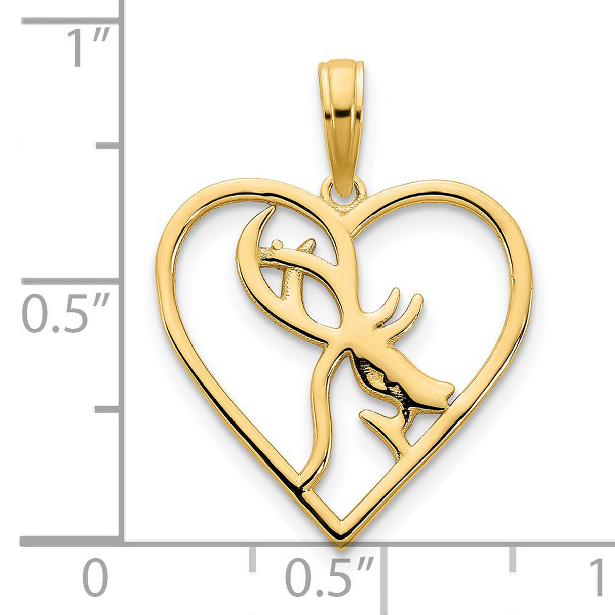 14k Yellow Gold Heart Pendant with Abstract Deer Head and Antler Design