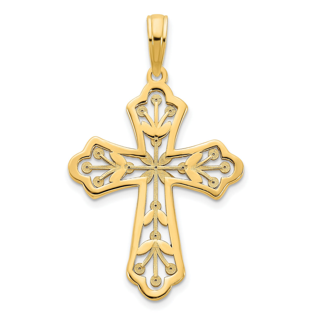 14k Yellow Gold Cross Pendant with Floral Design and Leaf Motif for Men and Women