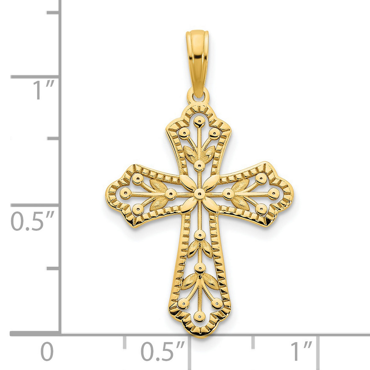 14k Yellow Gold Cross Pendant with Floral Design and Leaf Motif for Men and Women