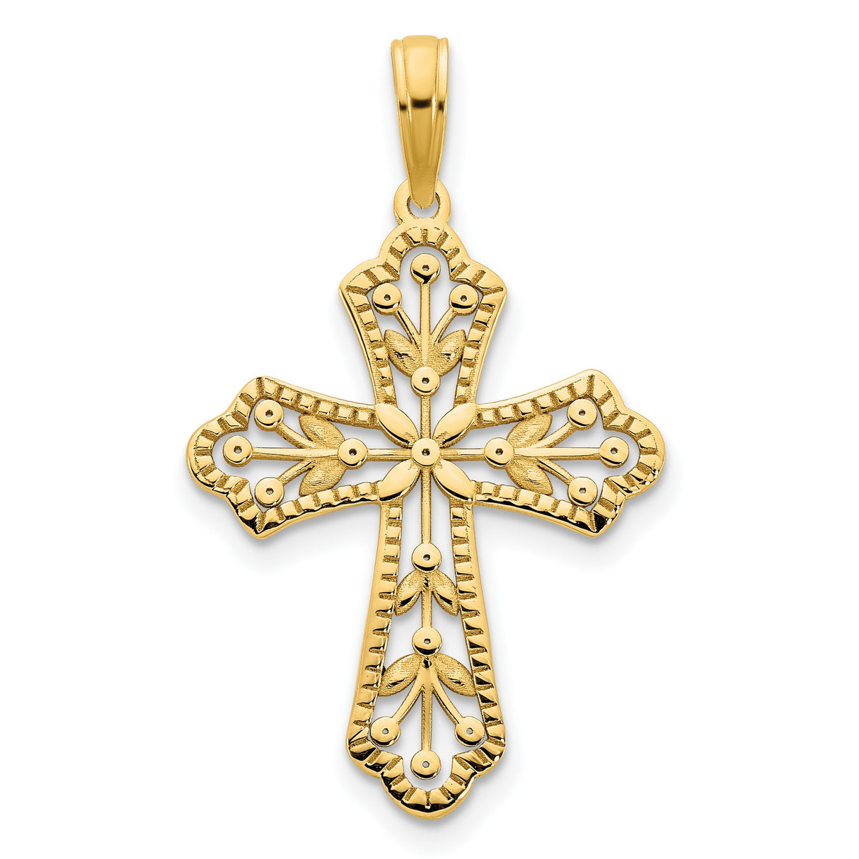 14k Yellow Gold Cross Pendant with Floral Design and Leaf Motif for Men and Women