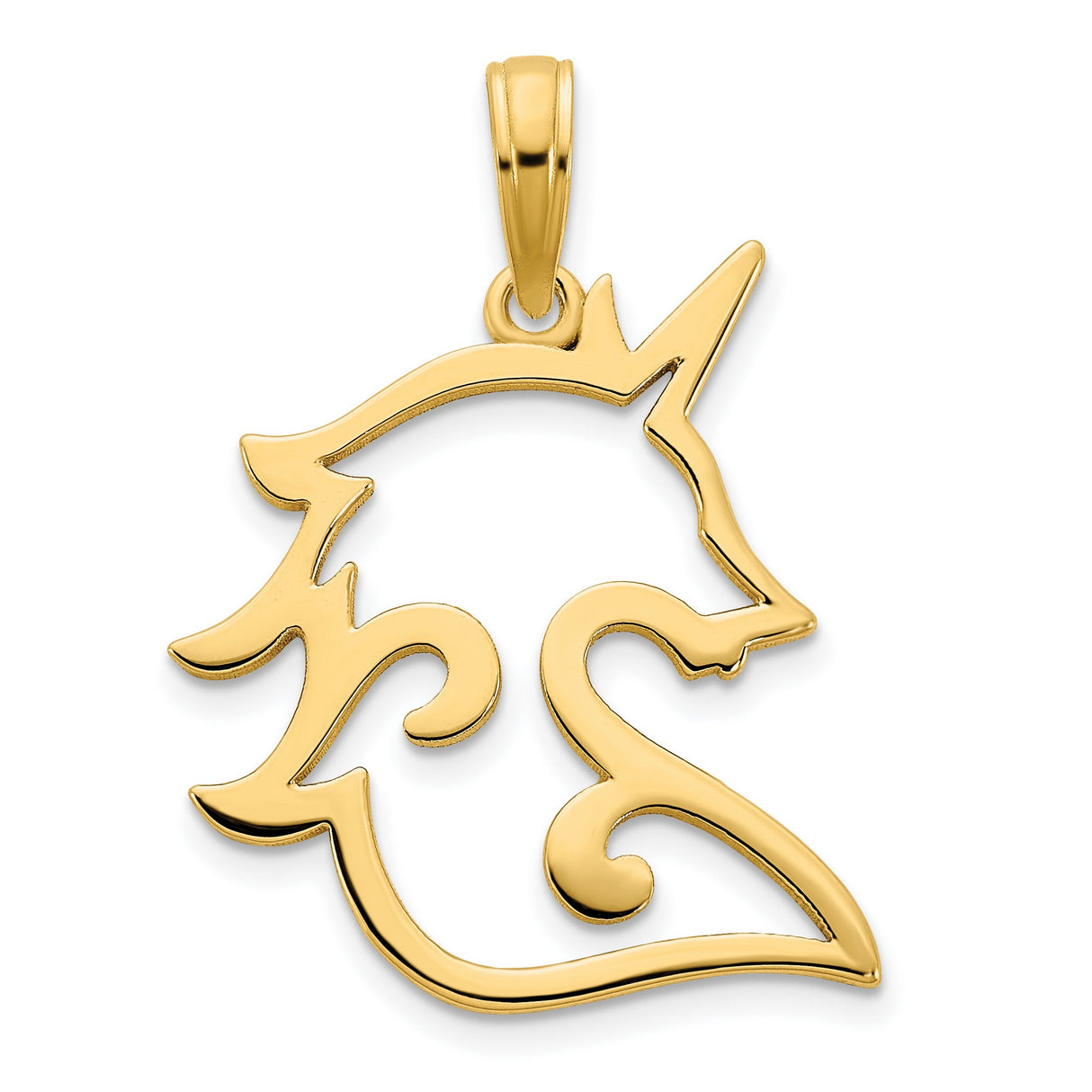 14k Yellow Gold Unicorn Head Pendant with Flowing Mane, Openwork Fantasy Design for Women and Teens