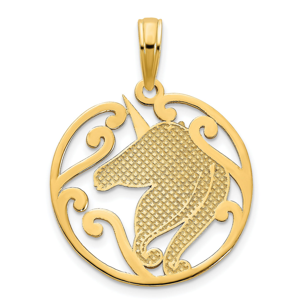 14k Yellow Gold Unicorn Pendant with Openwork Scroll Design, Whimsical Fantasy Charm