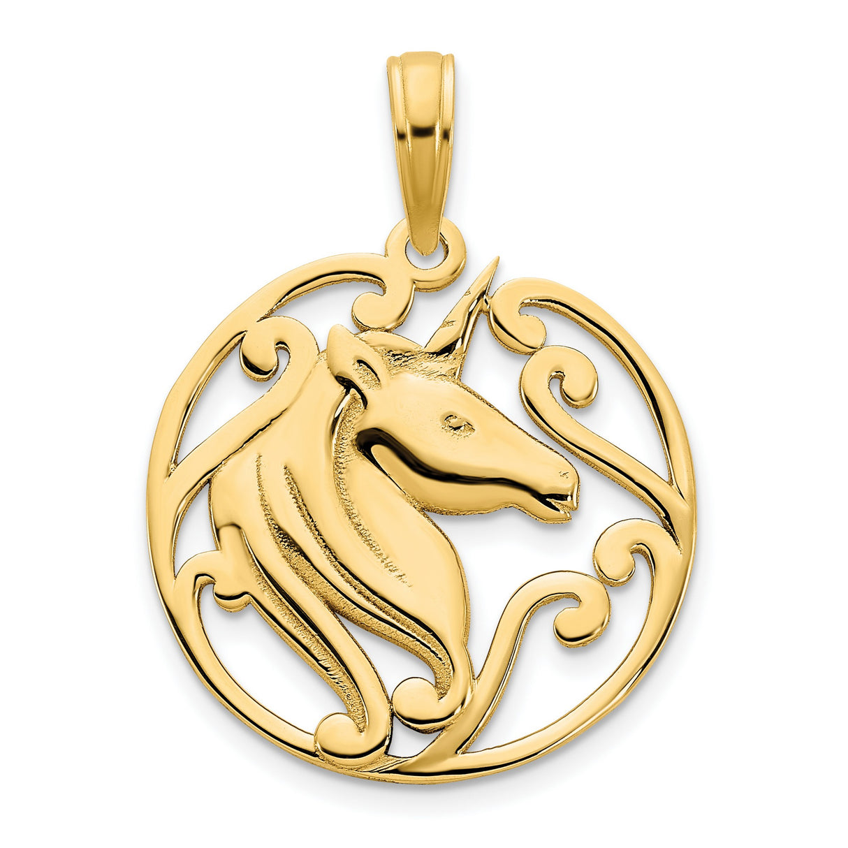 14k Yellow Gold Unicorn Pendant with Openwork Scroll Design, Whimsical Fantasy Charm