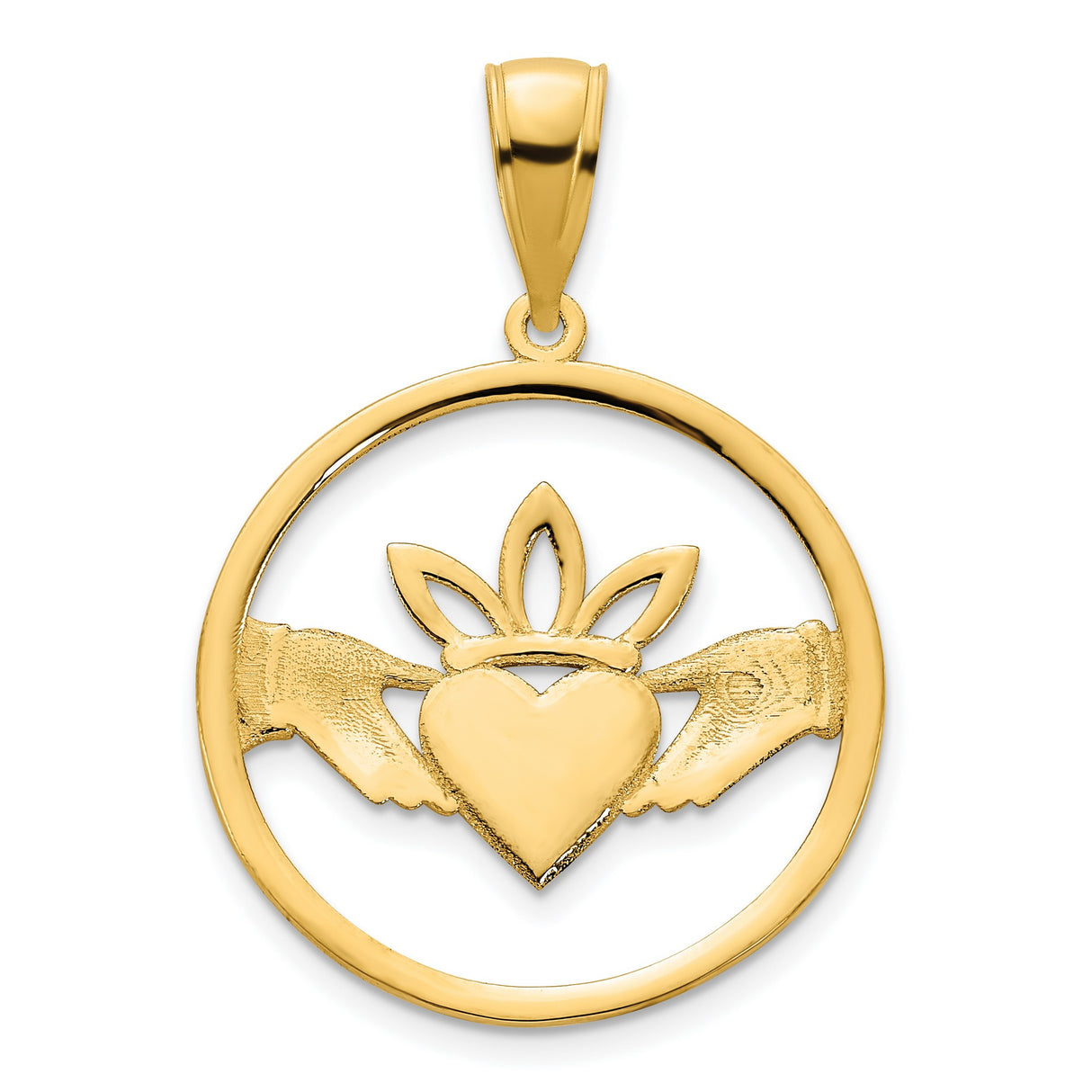 14k Yellow Gold Claddagh Pendant with Heart, Hands, and Crown Symbol for Women