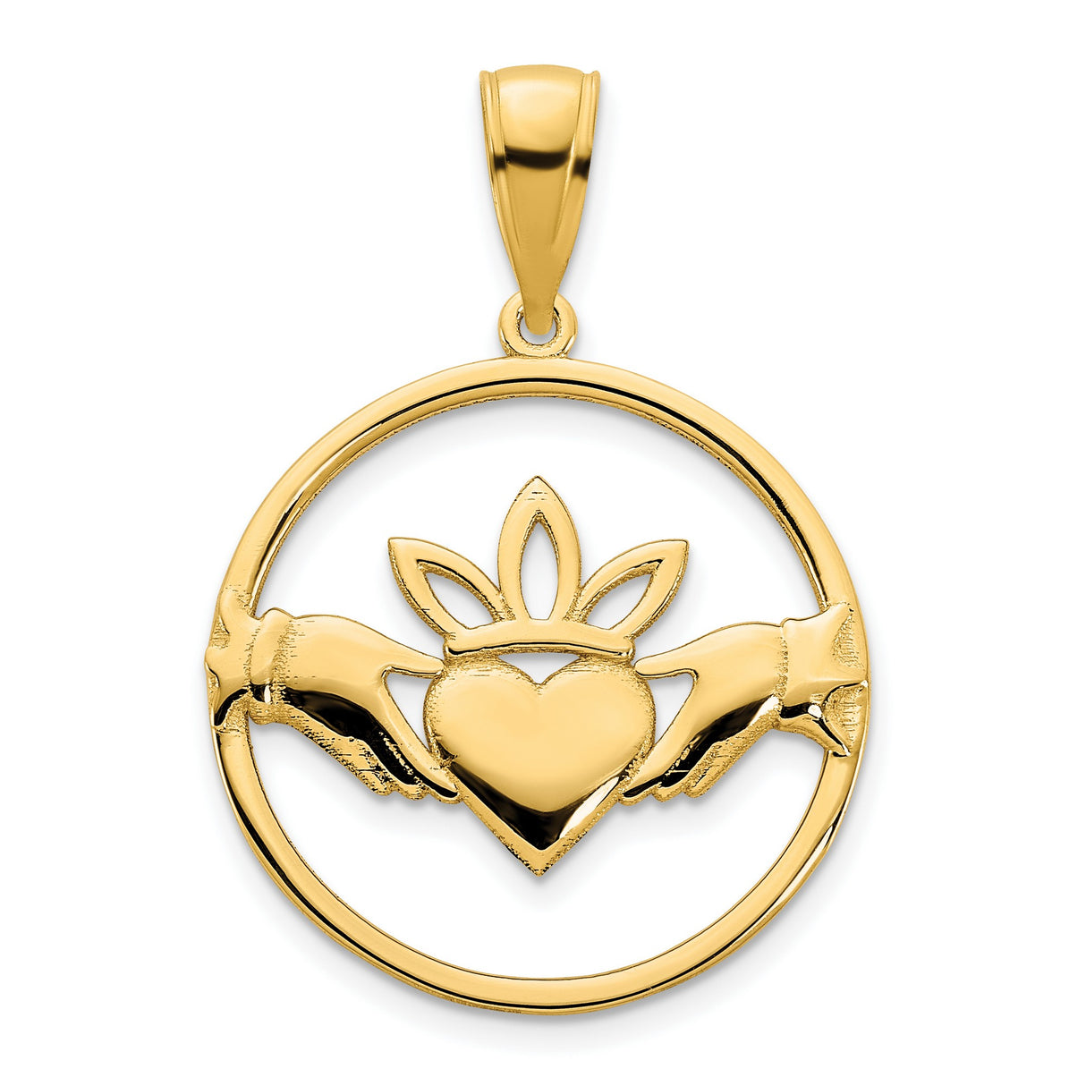 14k Yellow Gold Claddagh Pendant with Heart, Hands, and Crown Symbol for Women