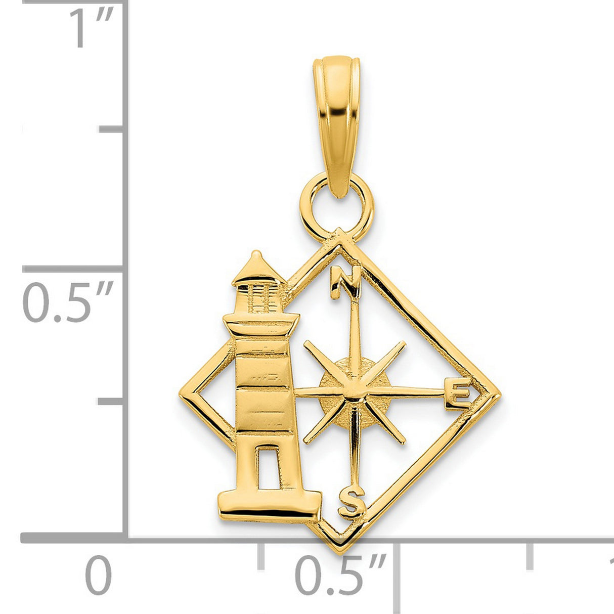 14k Yellow Gold Nautical Pendant with Lighthouse and Compass Rose in Diamond Frame