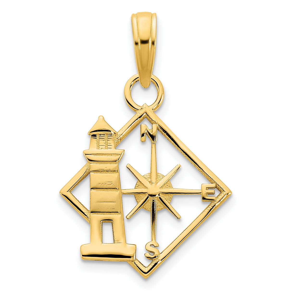 14k Yellow Gold Nautical Pendant with Lighthouse and Compass Rose in Diamond Frame