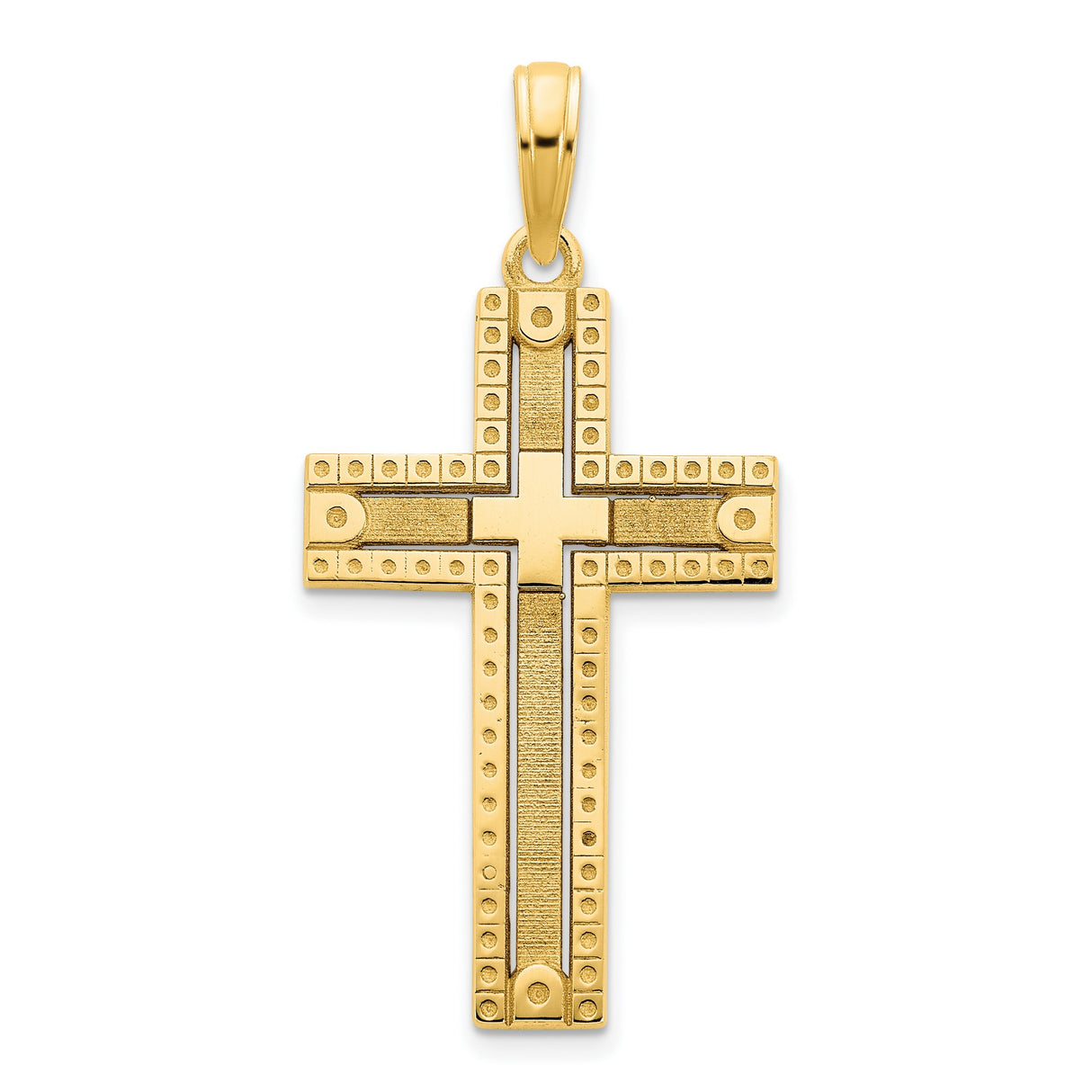14k Yellow Gold Cross Pendant with Textured Finish, Geometric Religious Design for Men and Women