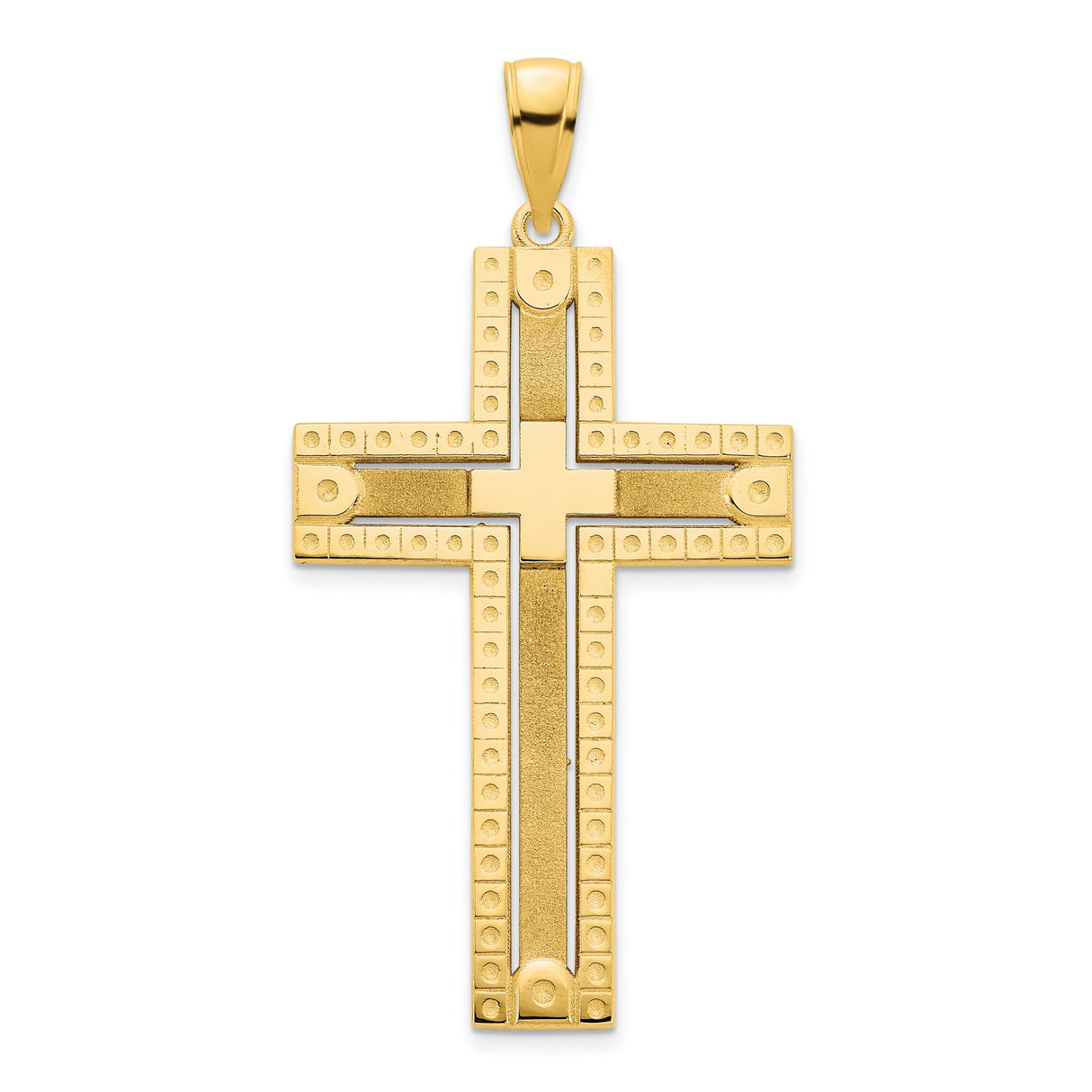 14k Yellow Gold Cross Pendant with Matte and Polished Finish, Geometric Textured Design