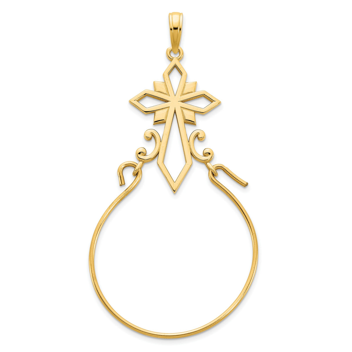 14k Yellow Gold Cross Pendant with Openwork Scroll Design, Christian Religious Charm for Women