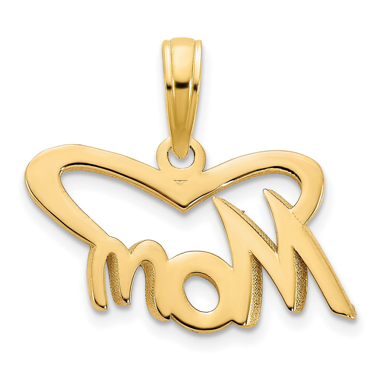 14k Yellow Gold Mom Pendant with Script Lettering and Open Heart Design