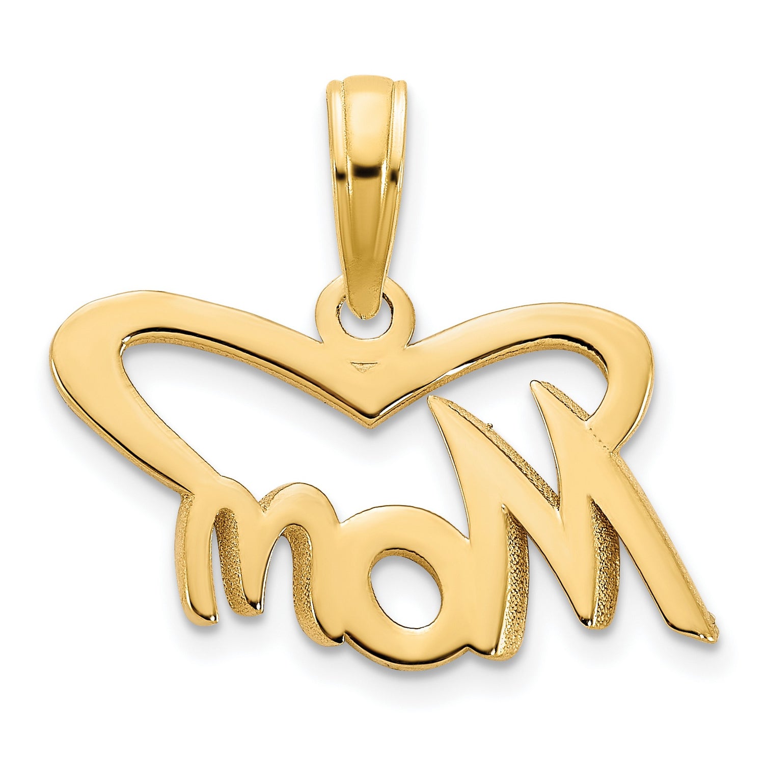 14k Yellow Gold Mom Pendant with Script Lettering and Open Heart Design