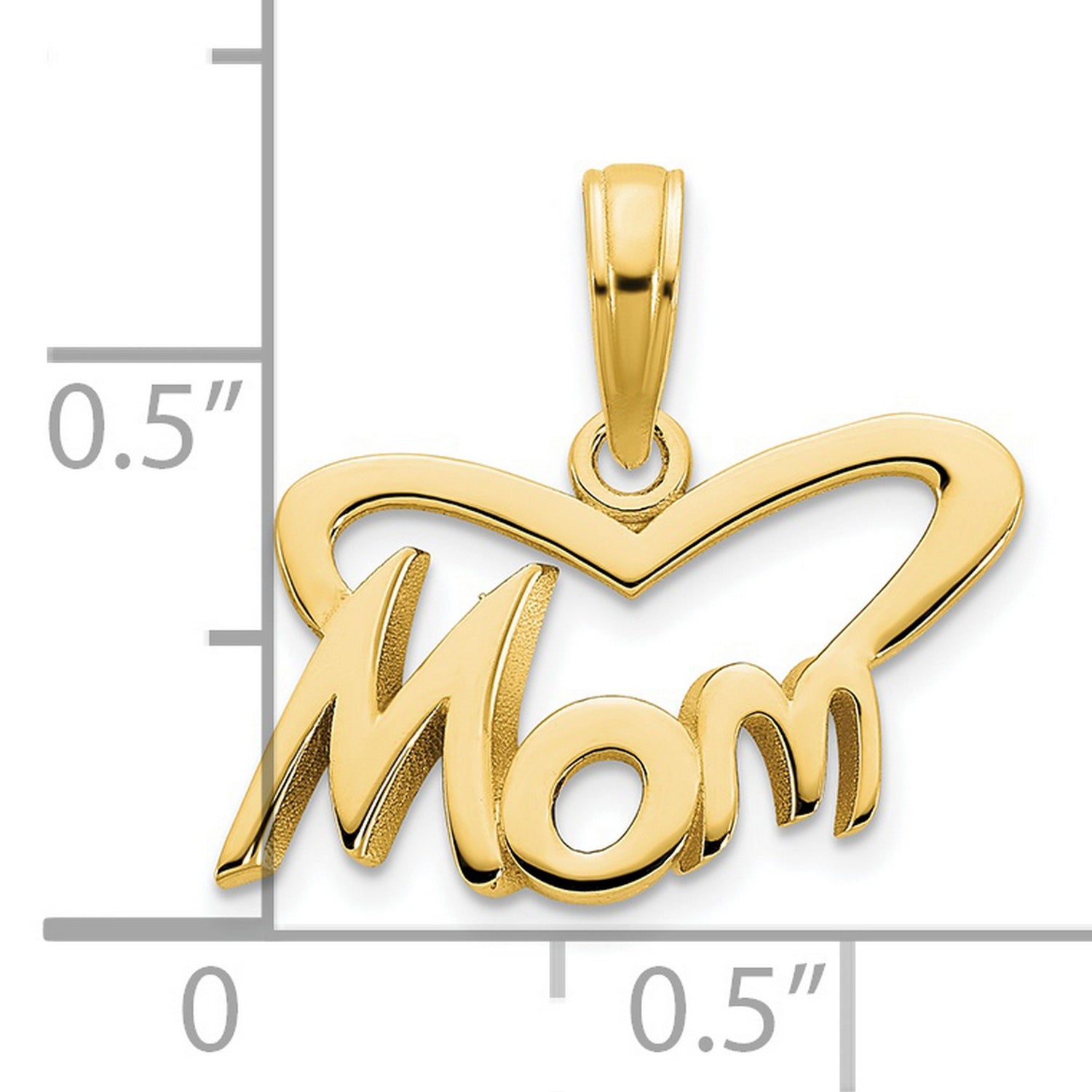14k Yellow Gold Mom Pendant with Script Lettering and Open Heart Design