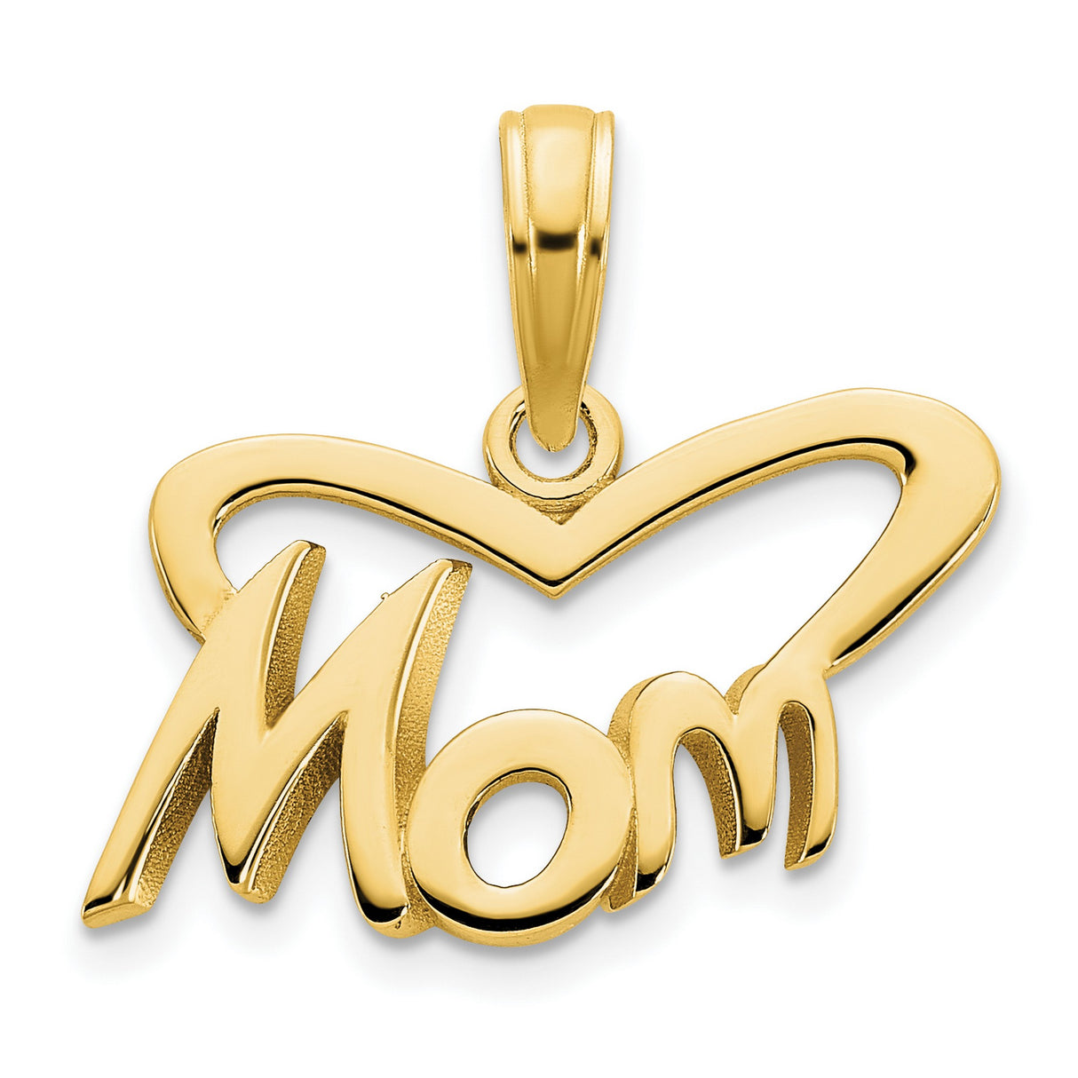 14k Yellow Gold Mom Pendant with Script Lettering and Open Heart Design