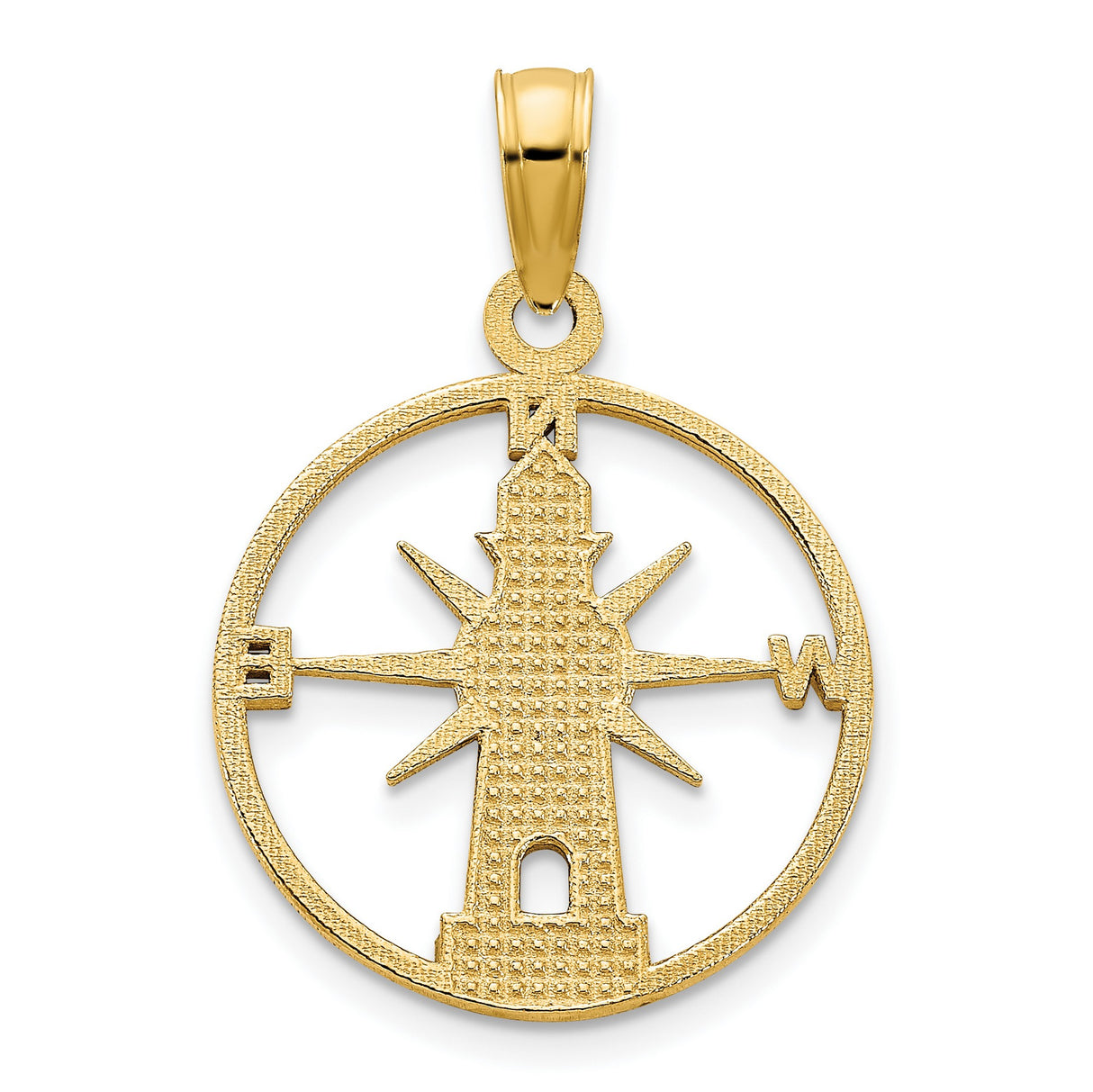 14k Yellow Gold Lighthouse Pendant with Compass Rose Design, Nautical Ocean Charm