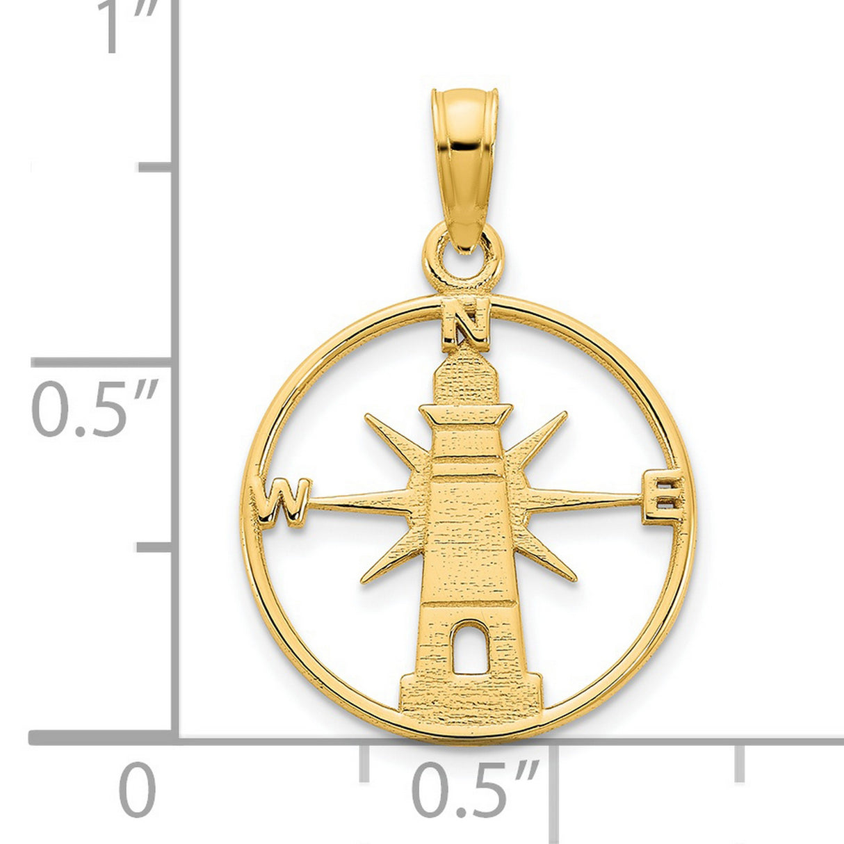 14k Yellow Gold Lighthouse Pendant with Compass Rose Design, Nautical Ocean Charm