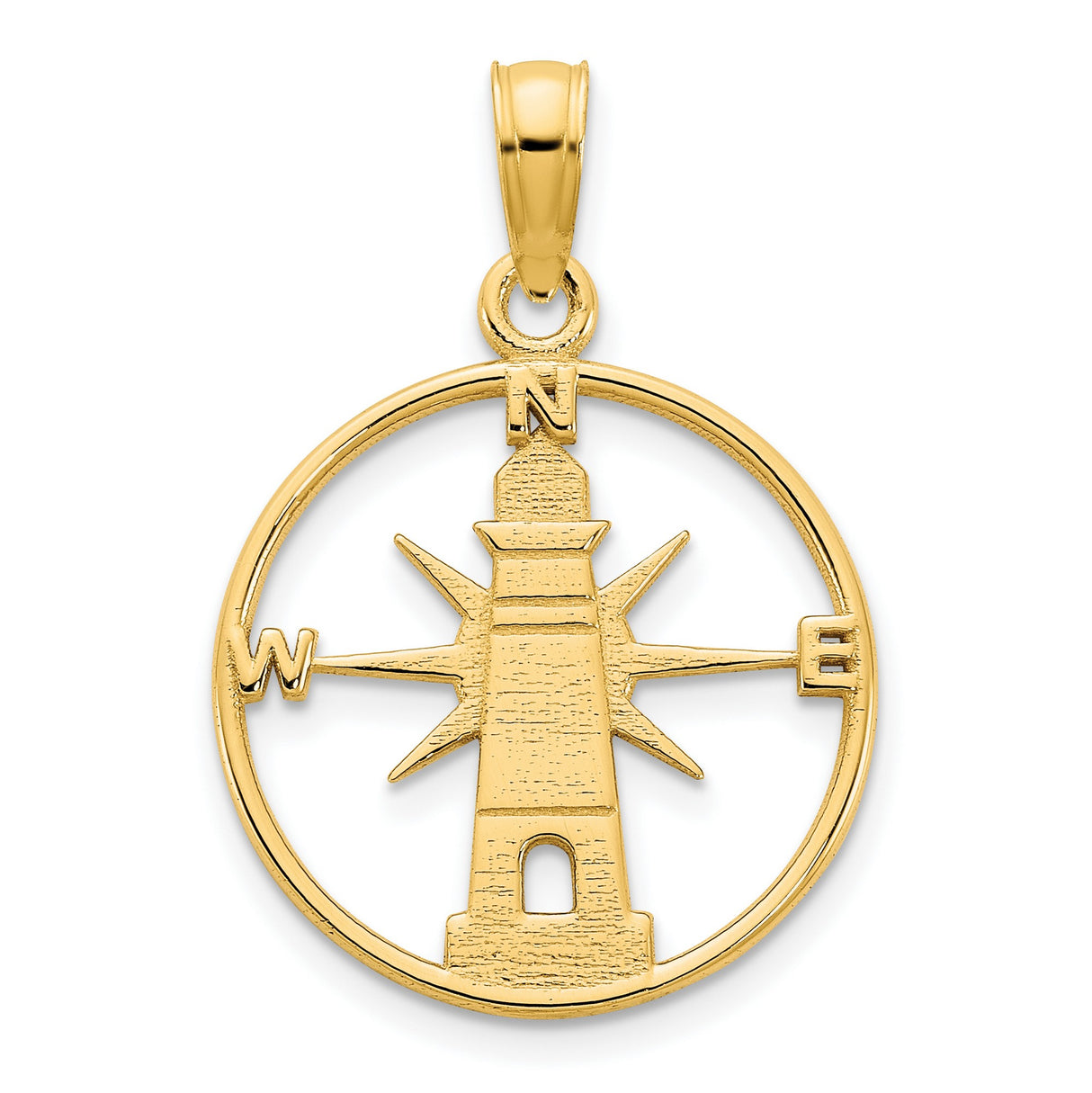 14k Yellow Gold Lighthouse Pendant with Compass Rose Design, Nautical Ocean Charm