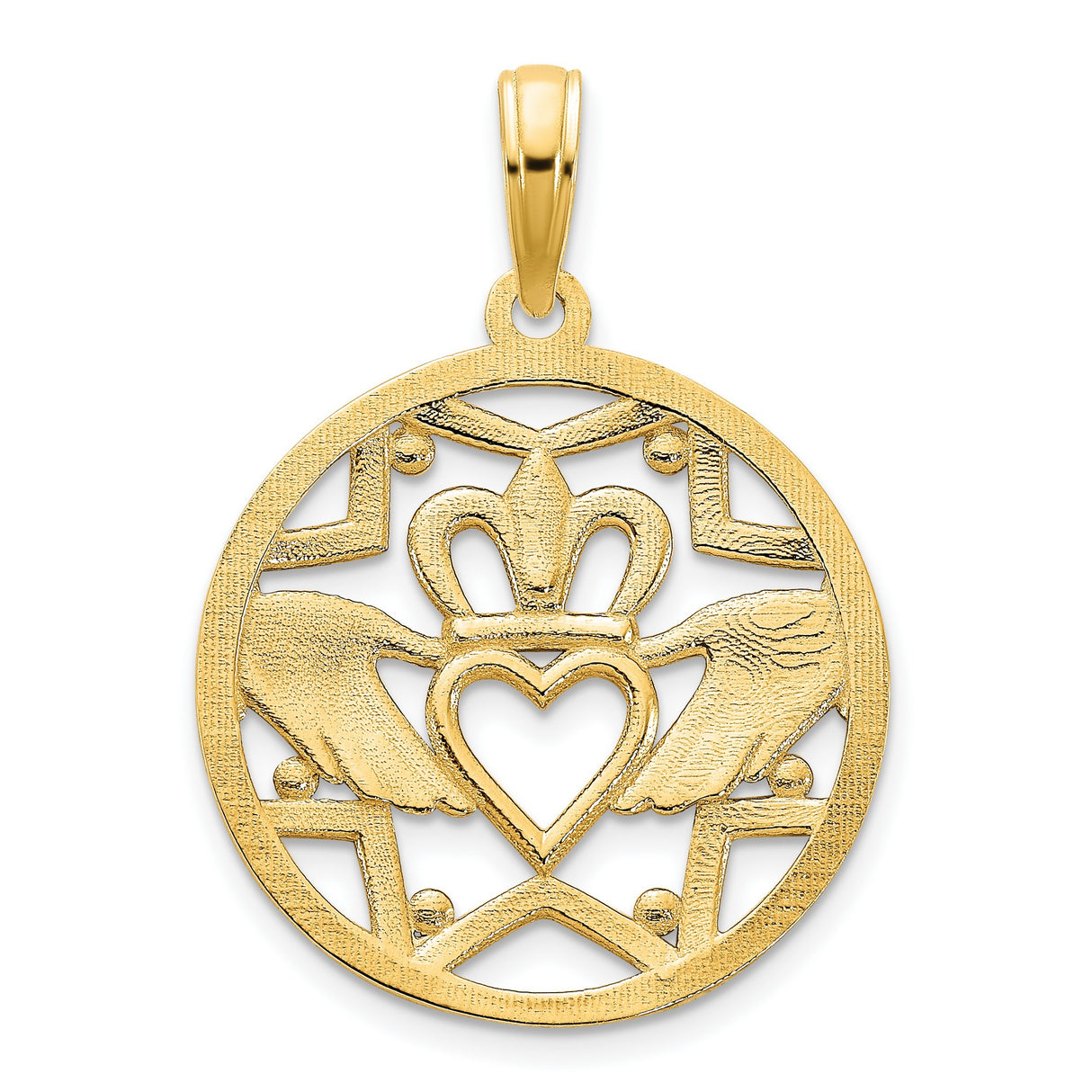 14k Yellow Gold Claddagh Pendant with Crowned Heart and Hands, Celtic Irish Symbol Jewelry