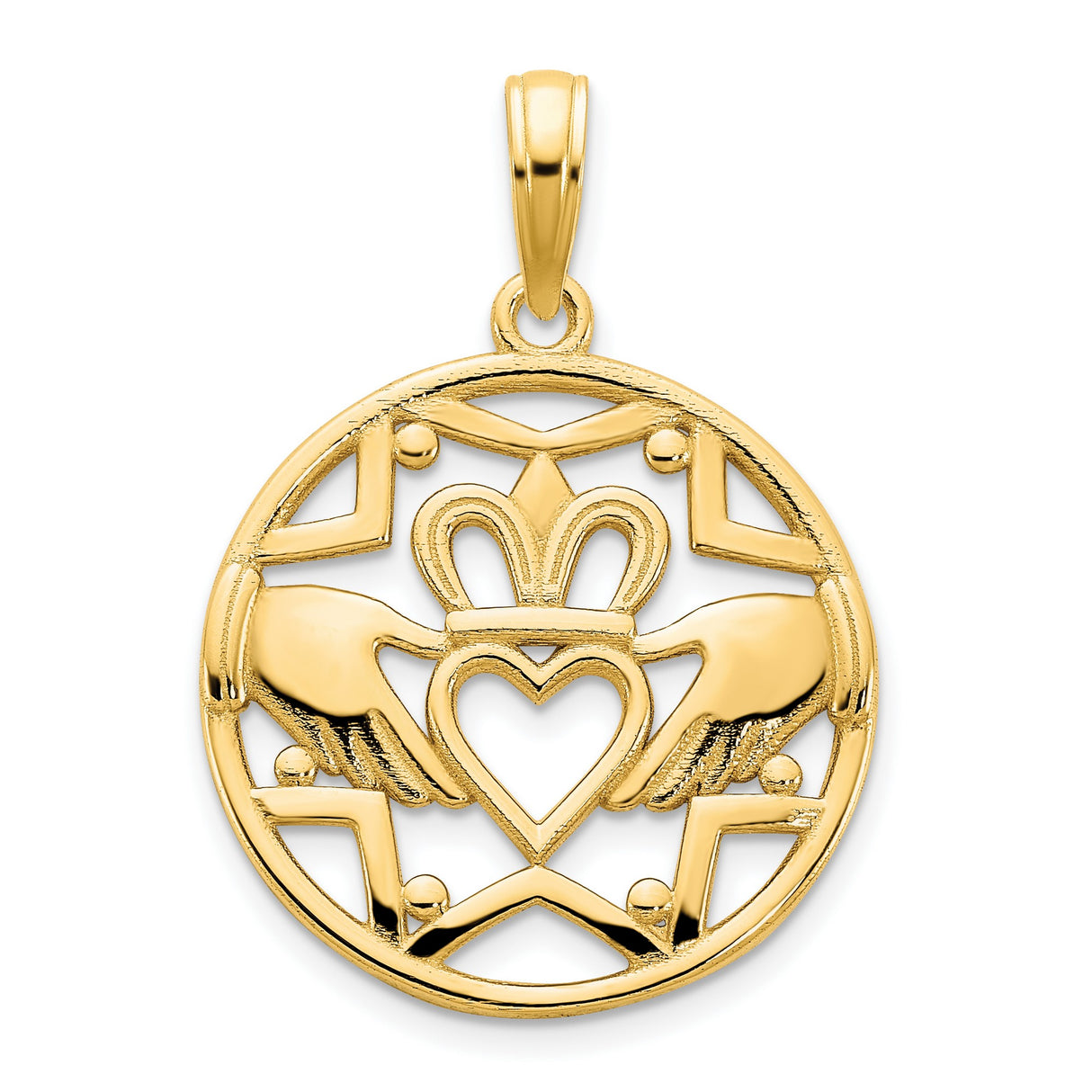 14k Yellow Gold Claddagh Pendant with Crowned Heart and Hands, Celtic Irish Symbol Jewelry
