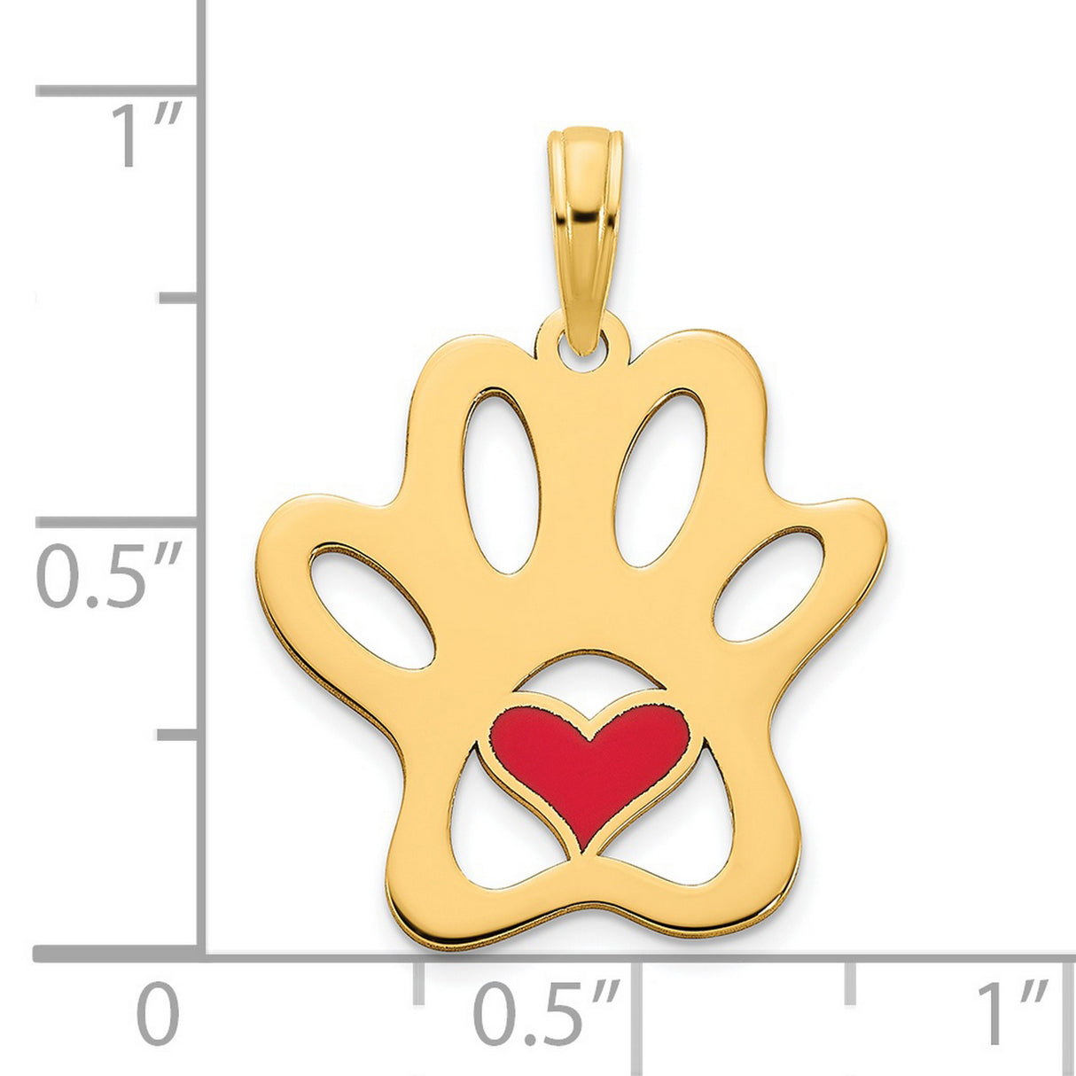 14k Yellow Gold Paw Print Pendant with Red Heart Cutout for Pet Lovers