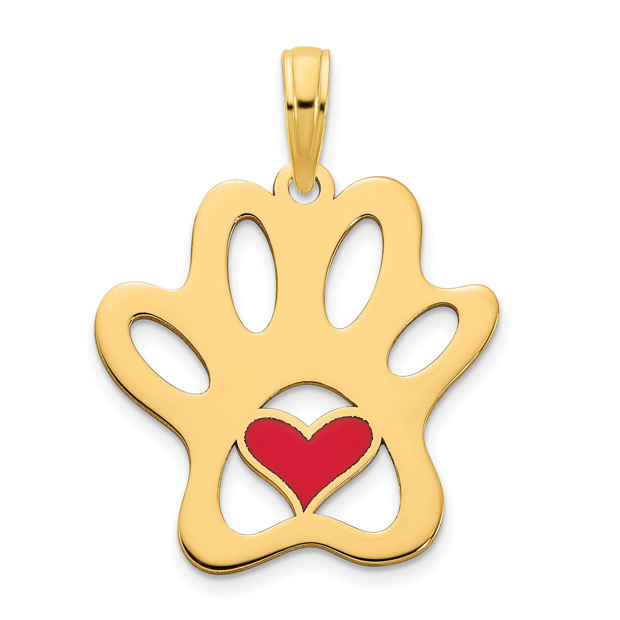 14k Yellow Gold Paw Print Pendant with Red Heart Cutout for Pet Lovers