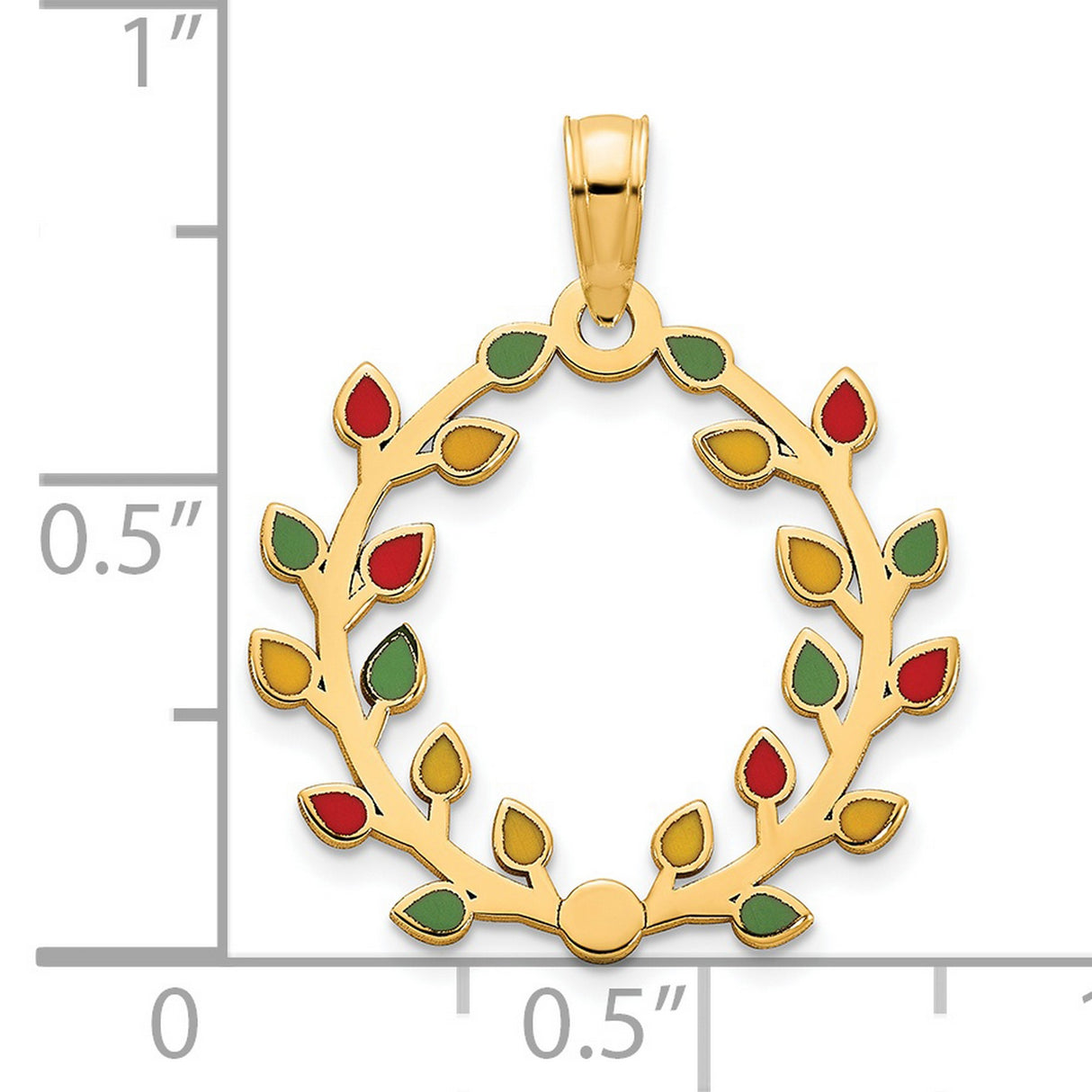 14k Yellow Gold Laurel Wreath Pendant with Red Green Yellow Enamel, Roman Victory Charm