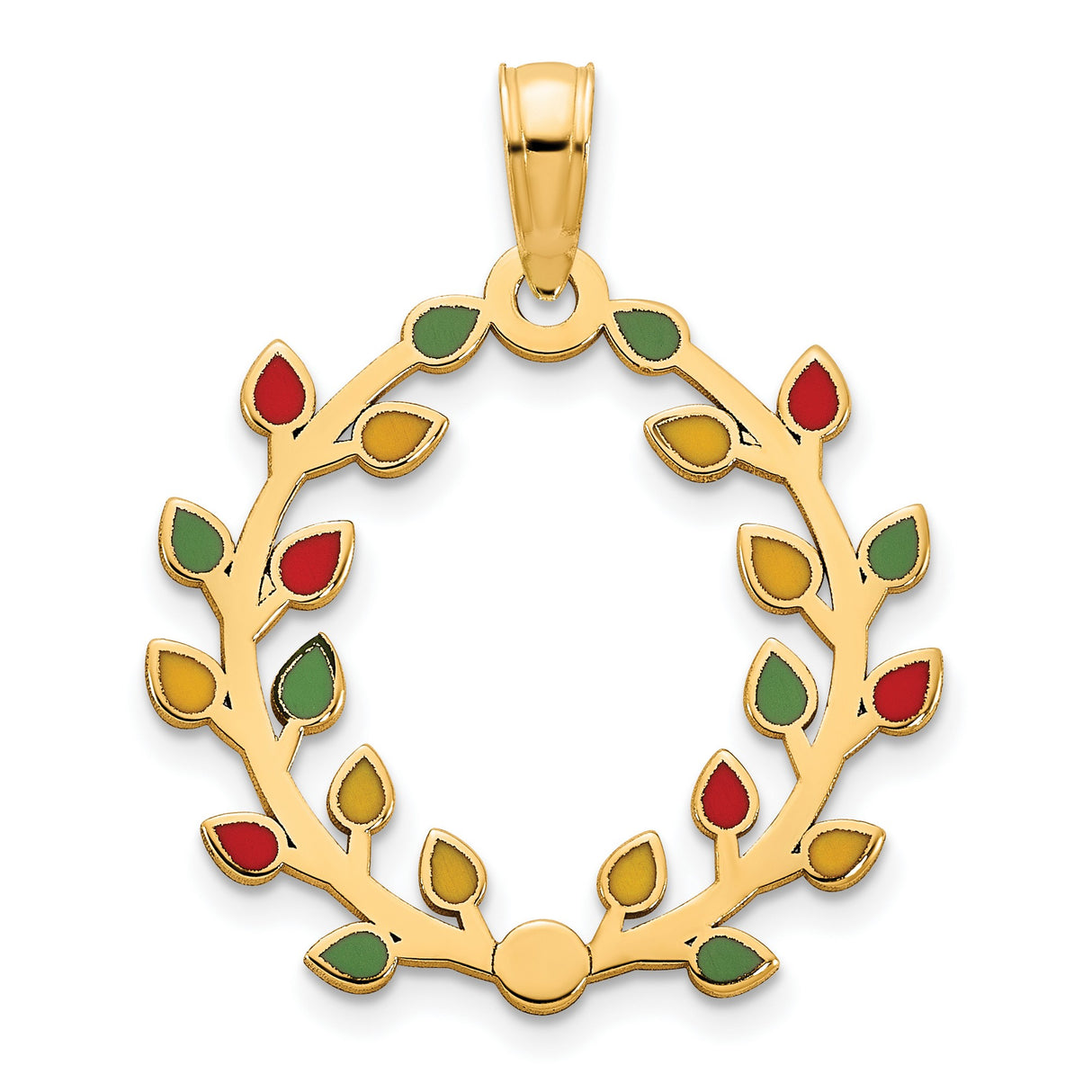 14k Yellow Gold Laurel Wreath Pendant with Red Green Yellow Enamel, Roman Victory Charm