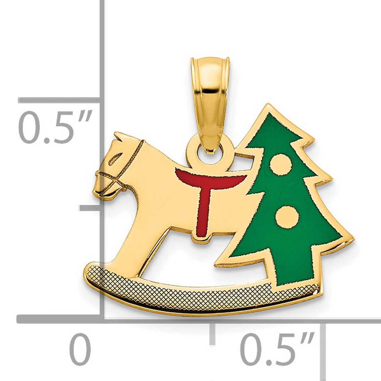 14k Yellow Gold Christmas Pendant with Rocking Horse and Green Tree Design for Women