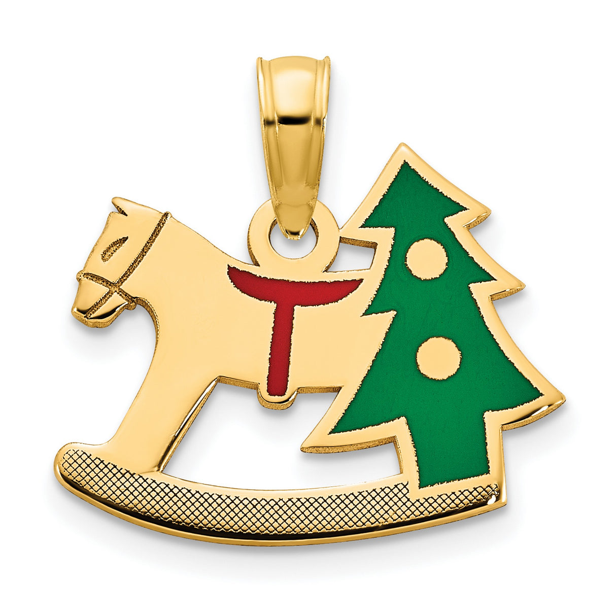 14k Yellow Gold Christmas Pendant with Rocking Horse and Green Tree Design for Women