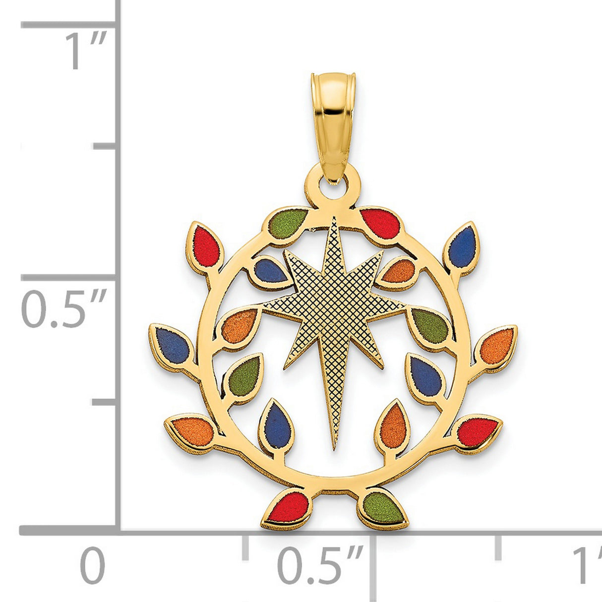 14k Yellow Gold Pendant with Eight-Point Star and Multicolor Leaf Wreath Design