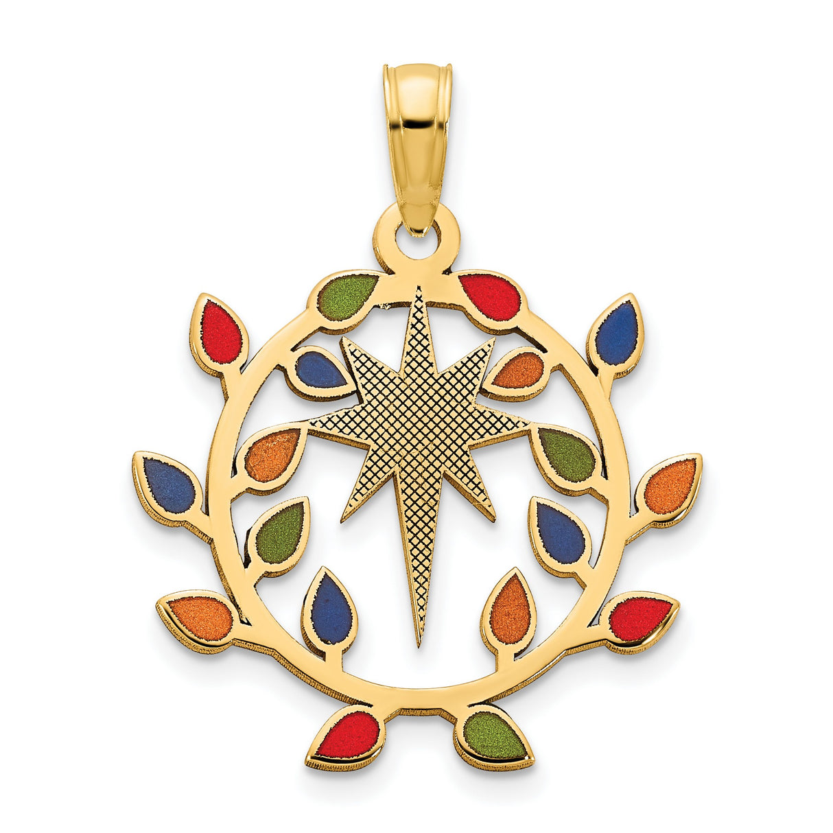 14k Yellow Gold Pendant with Eight-Point Star and Multicolor Leaf Wreath Design