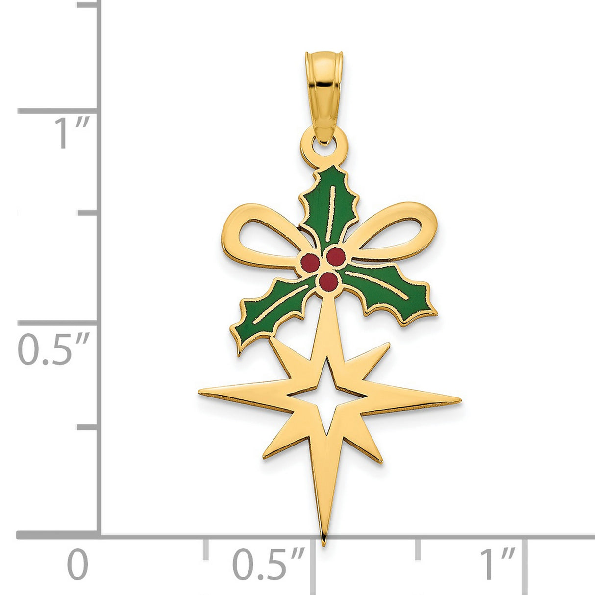 14k Yellow Gold Christmas Holly Pendant with Bow and Eight-Point Star, Christian Holiday Charm
