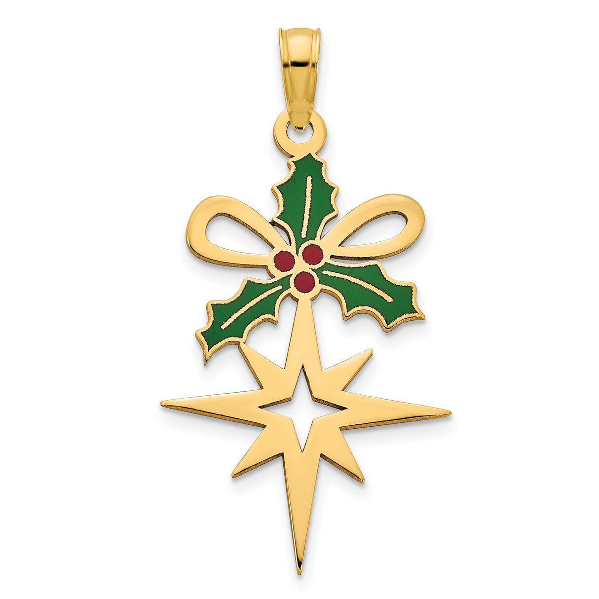 14k Yellow Gold Christmas Holly Pendant with Bow and Eight-Point Star, Christian Holiday Charm