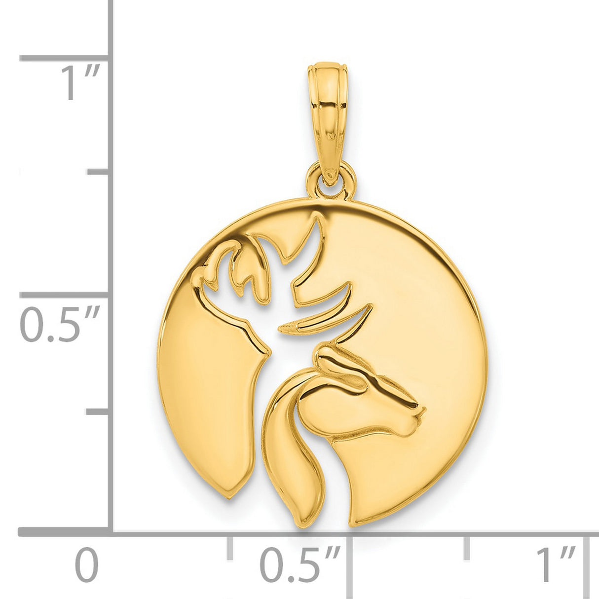 14k Yellow Gold Pendant with Cutout Deer and Horse in Circle Frame, Nature and Wildlife Theme