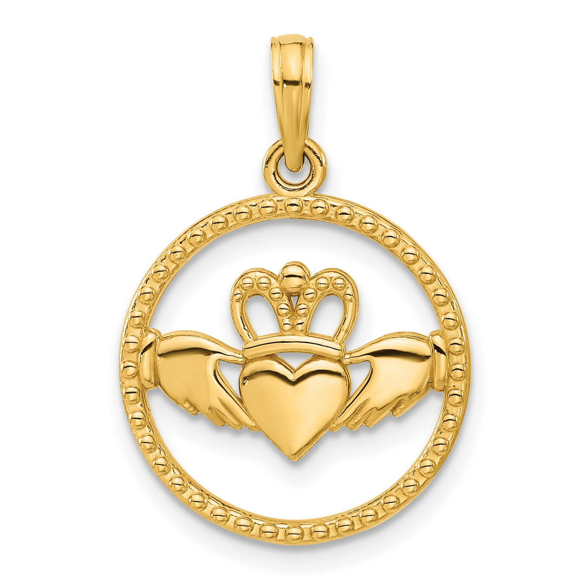 14k Yellow Gold Claddagh Pendant with Heart, Hands and Crown Celtic Symbol