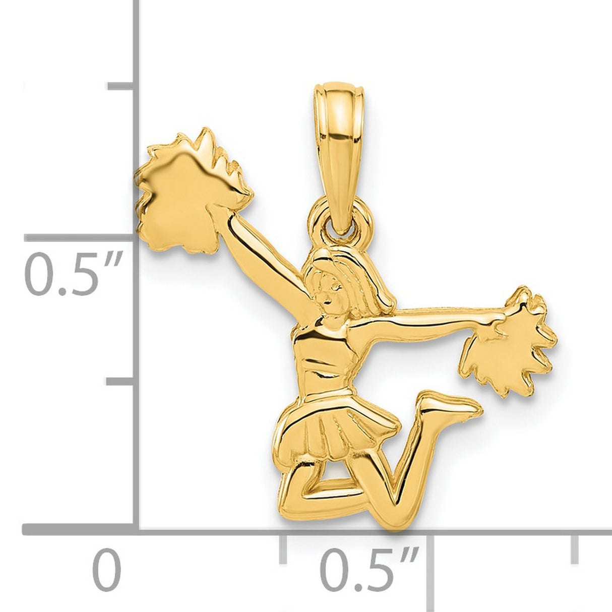 14k Yellow Gold Cheerleader Pendant with Jumping Female Figure and Pom-Poms, Sports Spirit Charm
