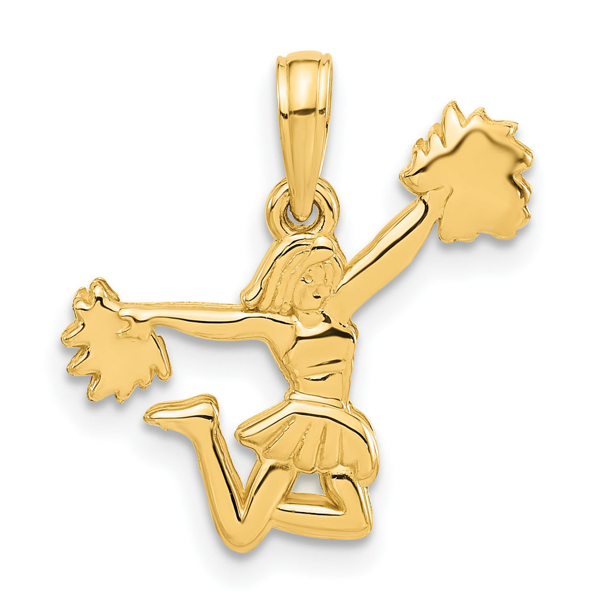 14k Yellow Gold Cheerleader Pendant with Jumping Female Figure and Pom-Poms, Sports Spirit Charm