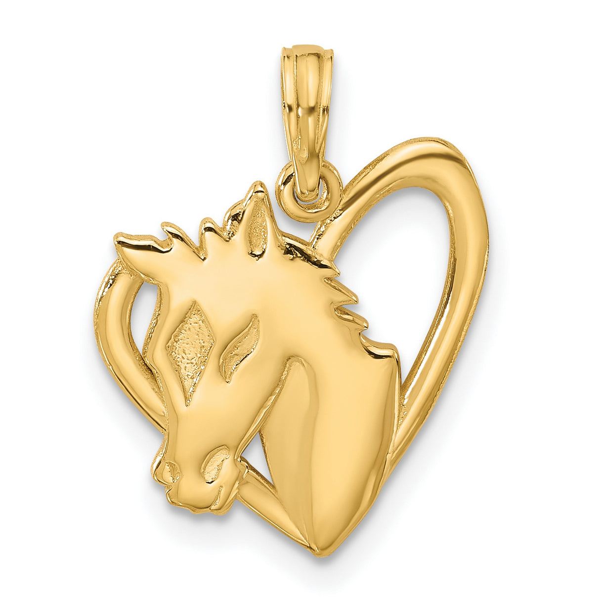 14k Yellow Gold Horse Head Pendant with Open Heart Design for Women