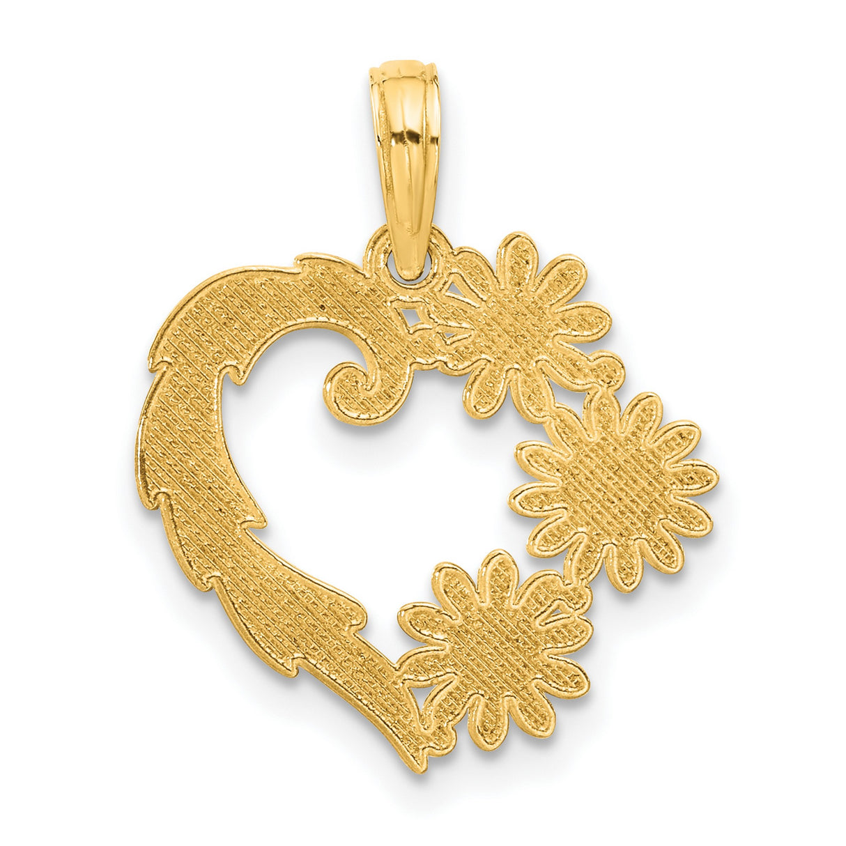 14k Yellow Gold Heart Shaped Pendant with Floral Scroll and Daisy Design