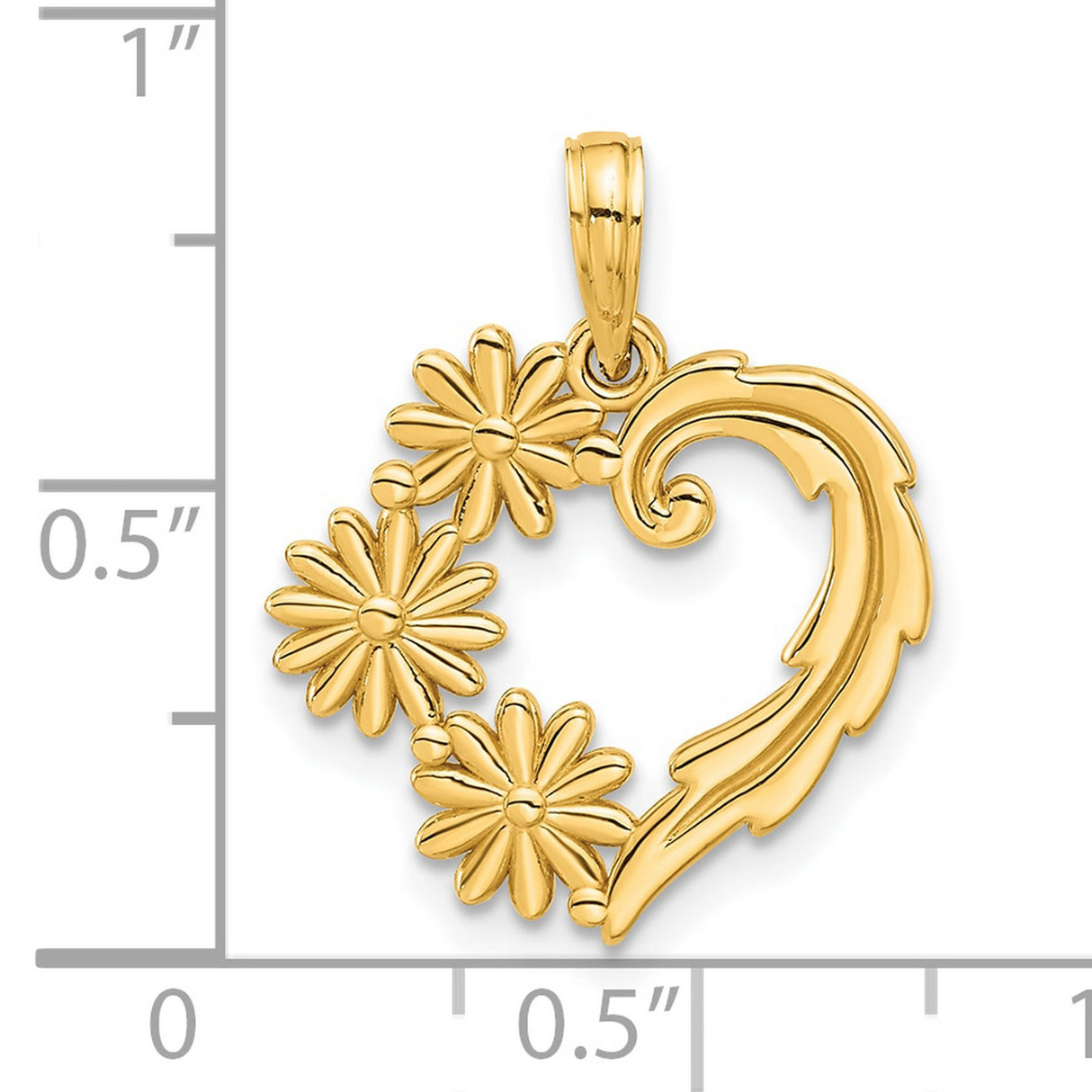 14k Yellow Gold Heart Shaped Pendant with Floral Scroll and Daisy Design