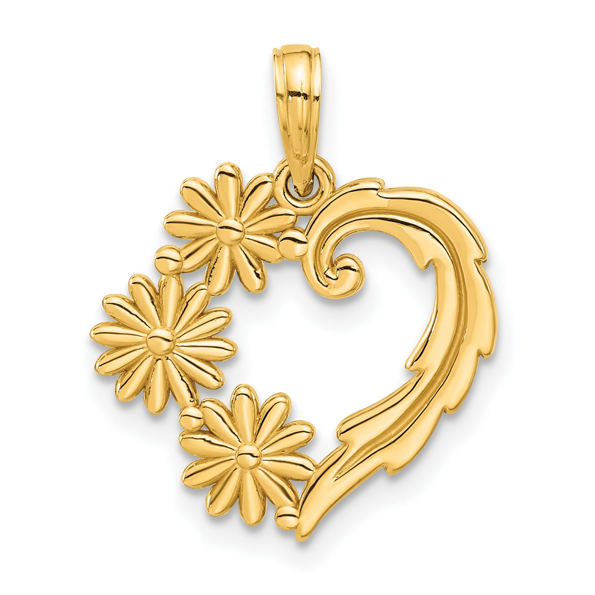 14k Yellow Gold Heart Shaped Pendant with Floral Scroll and Daisy Design