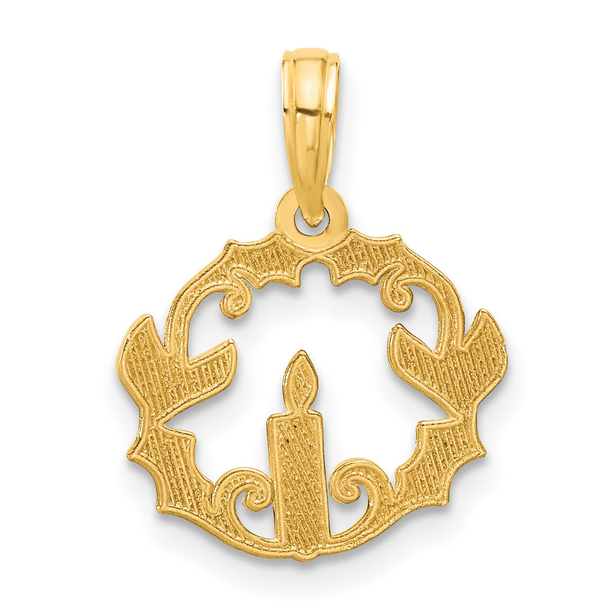 14k Yellow Gold Christmas Wreath Pendant with Holly Leaves and Candle Charm