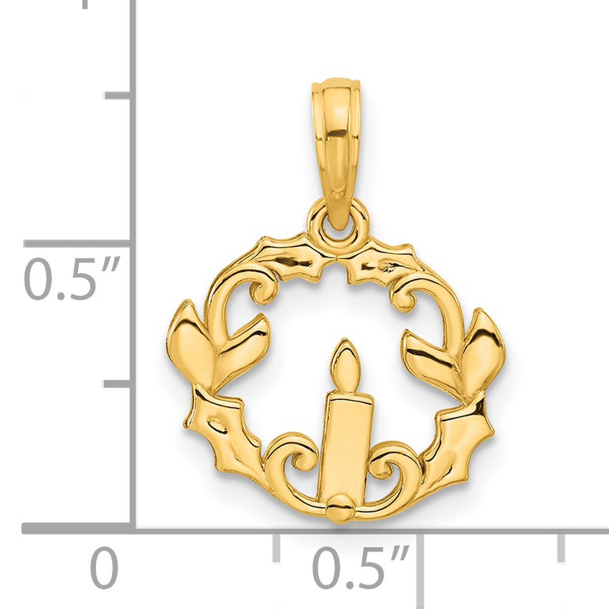 14k Yellow Gold Christmas Wreath Pendant with Holly Leaves and Candle Charm