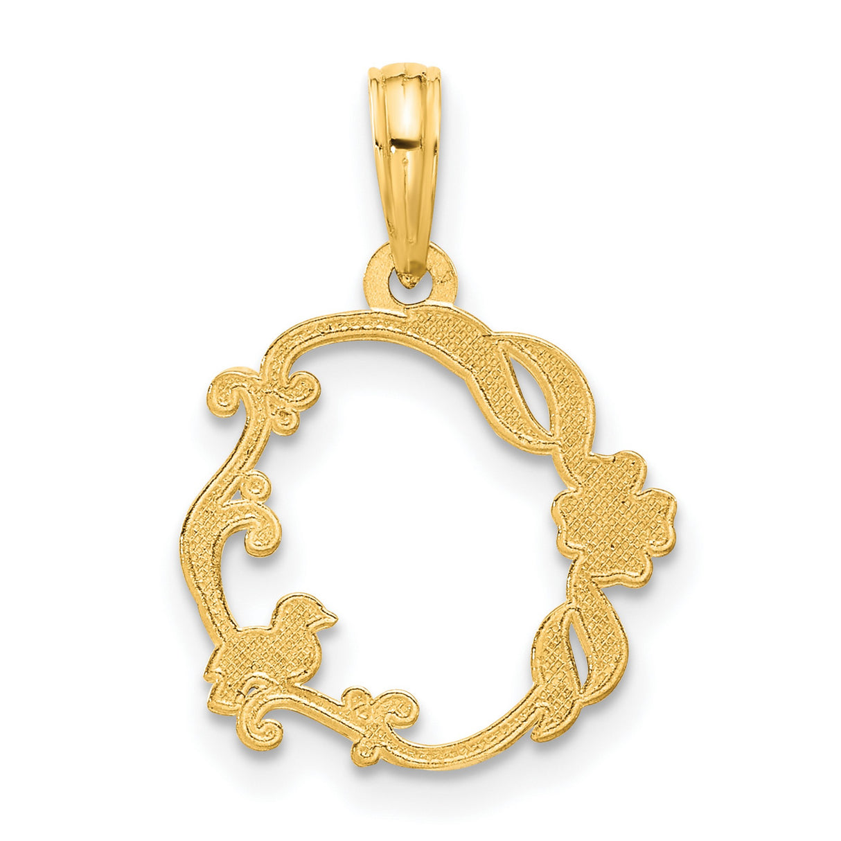 14k Yellow Gold Pendant, Openwork Floral Wreath with Bird Detail, Nature-Inspired Charm