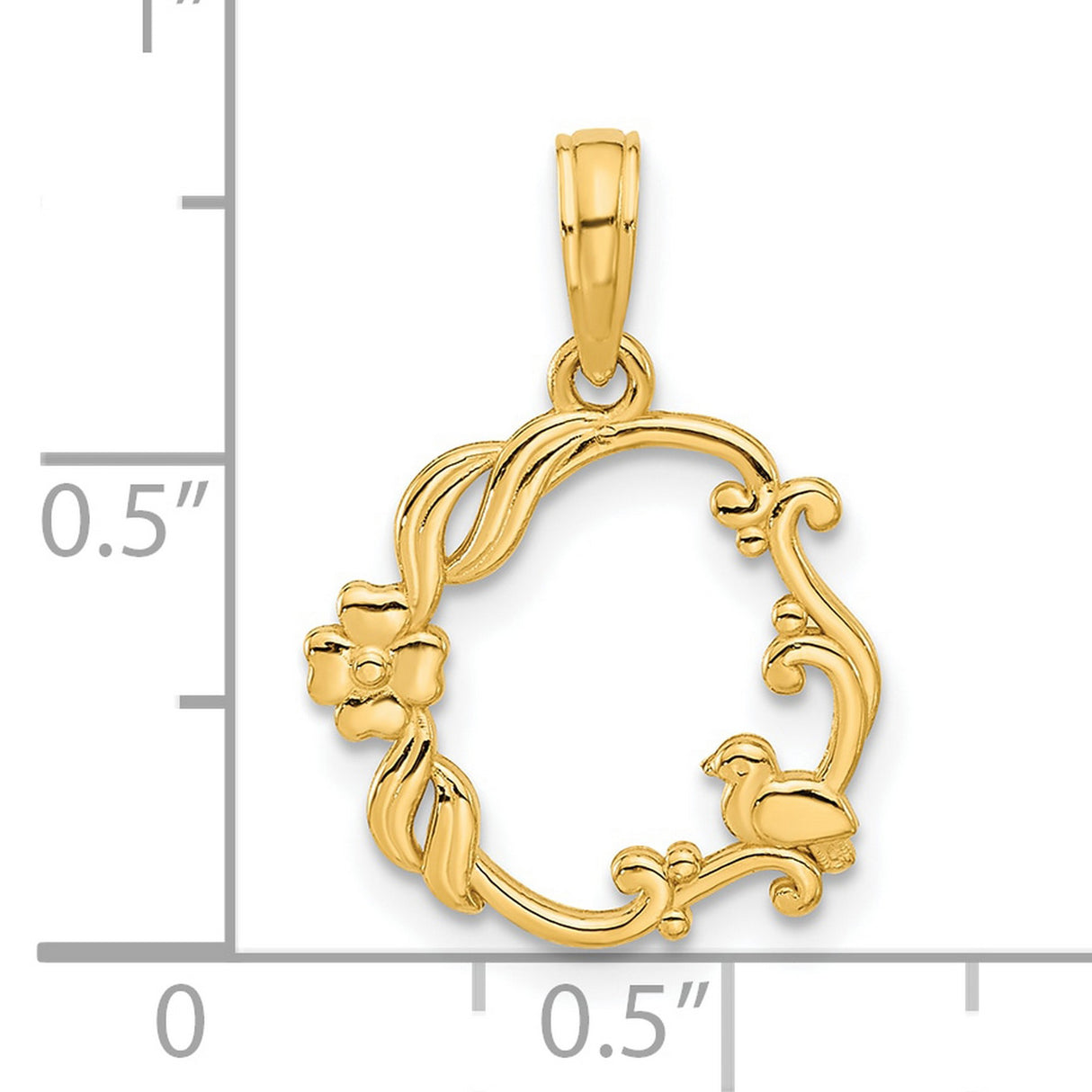 14k Yellow Gold Pendant, Openwork Floral Wreath with Bird Detail, Nature-Inspired Charm