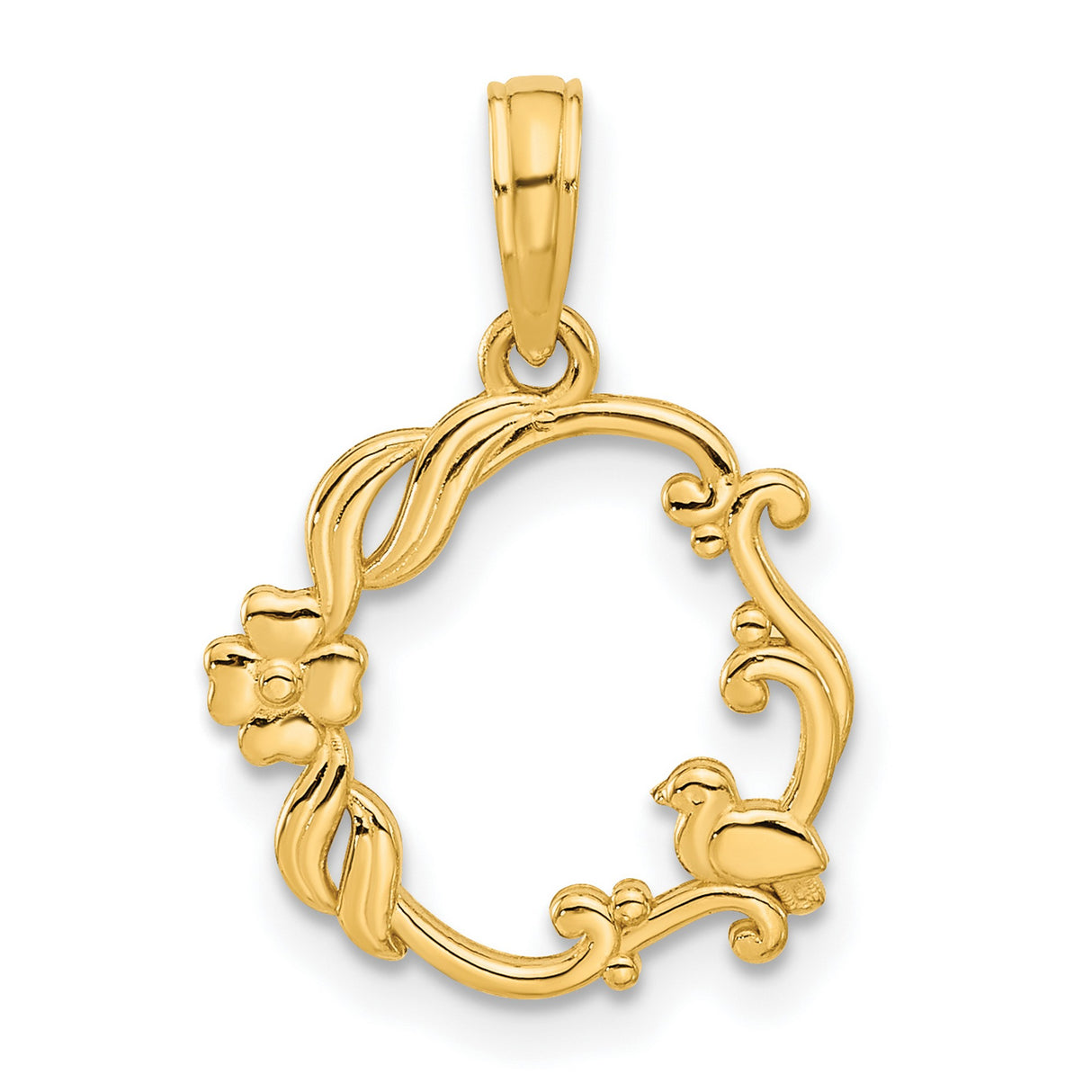 14k Yellow Gold Pendant, Openwork Floral Wreath with Bird Detail, Nature-Inspired Charm