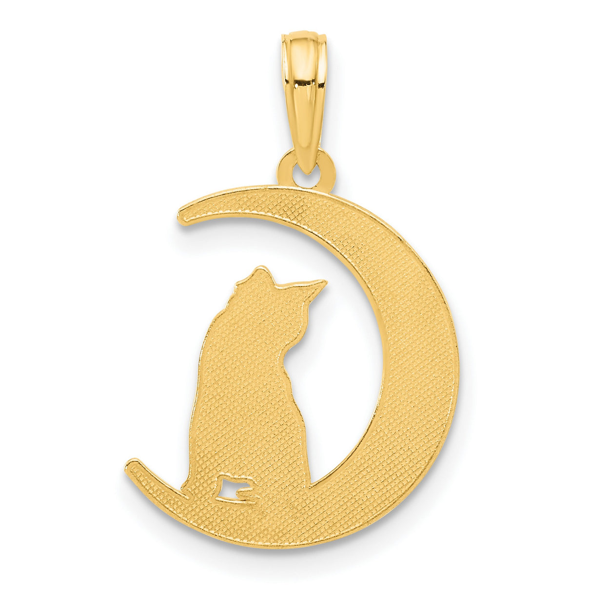 14k Yellow Gold Cat Moon Pendant, Crescent Charm with Feline Silhouette, Celestial Zodiac Jewelry