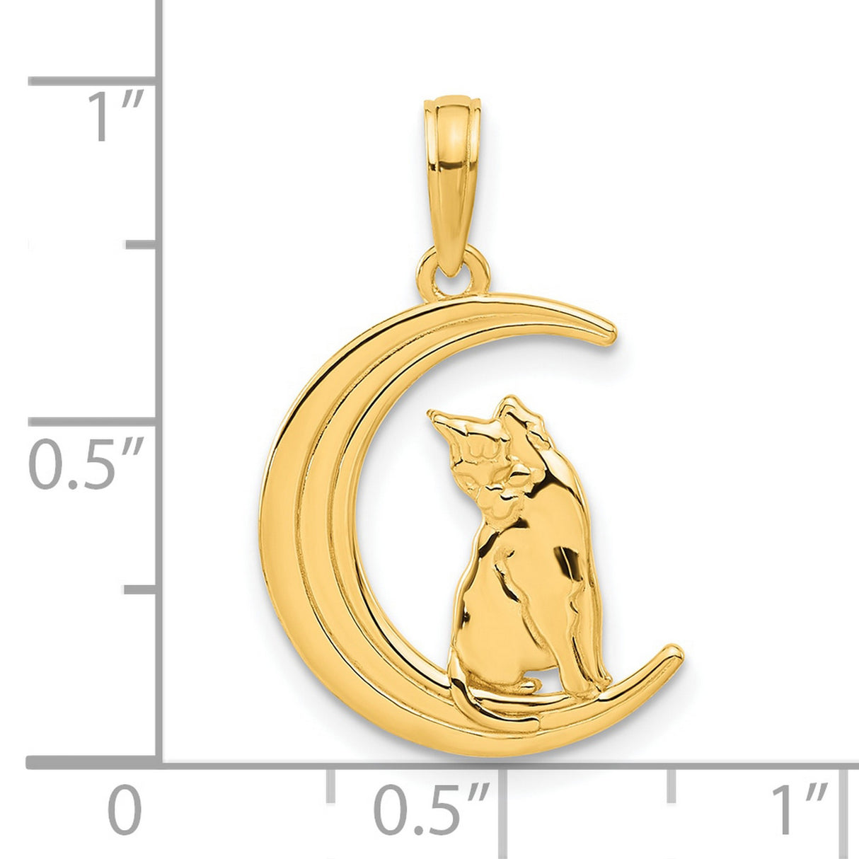 14k Yellow Gold Cat Moon Pendant, Crescent Charm with Feline Silhouette, Celestial Zodiac Jewelry